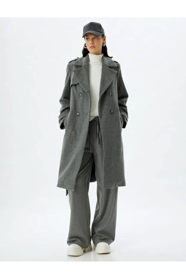 Long, double-breasted, pocket, belt detailed, relaxed fit cashmere coat. - 82