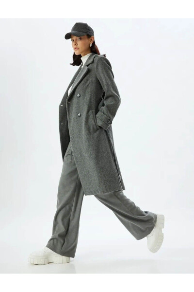 Long, double-breasted, pocket, belt detailed, relaxed fit cashmere coat. - 83