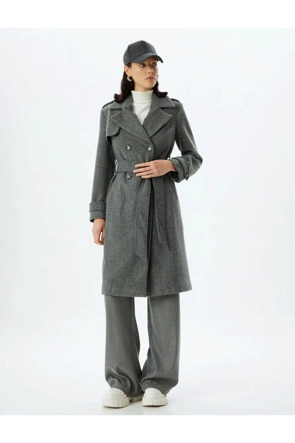 Long, double-breasted, pocket, belt detailed, relaxed fit cashmere coat. - 84