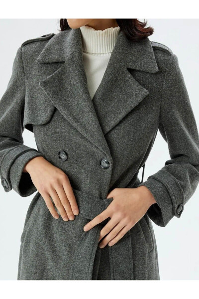 Long, double-breasted, pocket, belt detailed, relaxed fit cashmere coat. - 86