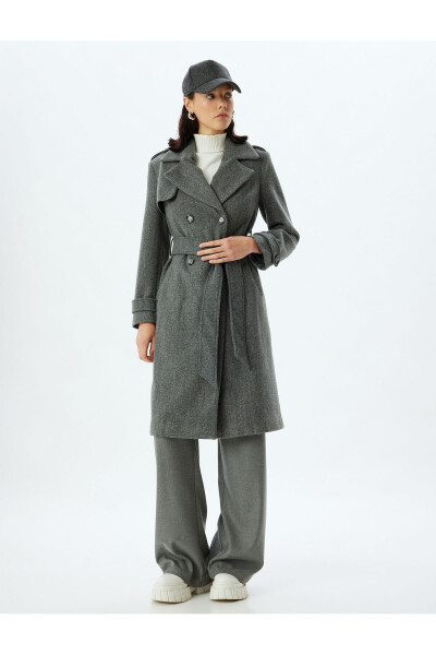 Long, double-breasted, pocket, belt detailed, relaxed fit cashmere coat. - 78