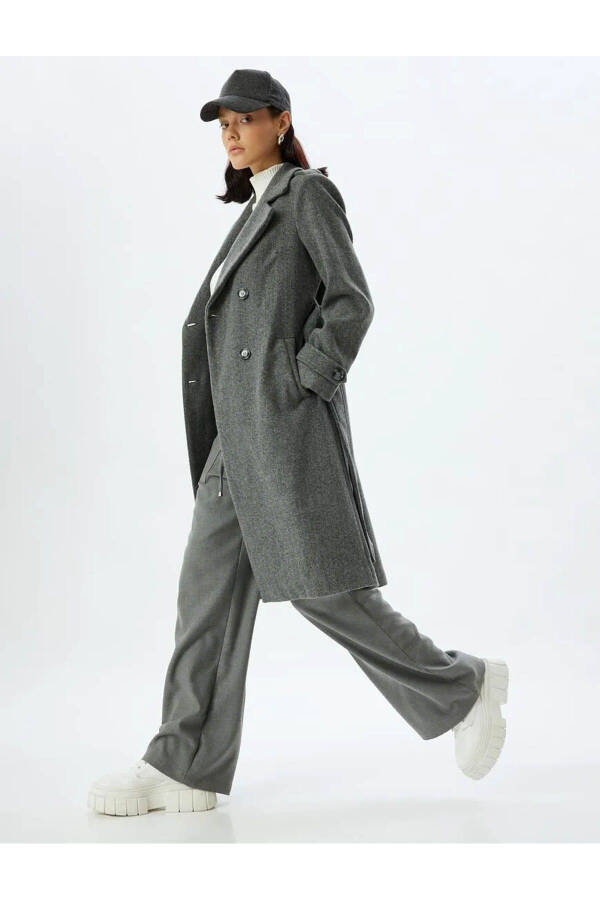 Long, double-breasted, pocket, belt detailed, relaxed fit cashmere coat. - 70