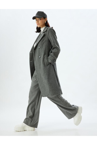 Long, double-breasted, pocket, belt detailed, relaxed fit cashmere coat. - 64