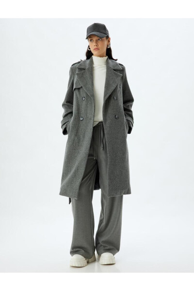 Long, double-breasted, pocket, belt detailed, relaxed fit cashmere coat. - 65