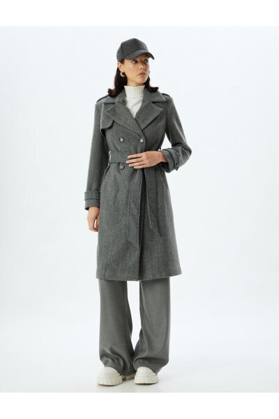 Long, double-breasted, pocket, belt detailed, relaxed fit cashmere coat. - 66