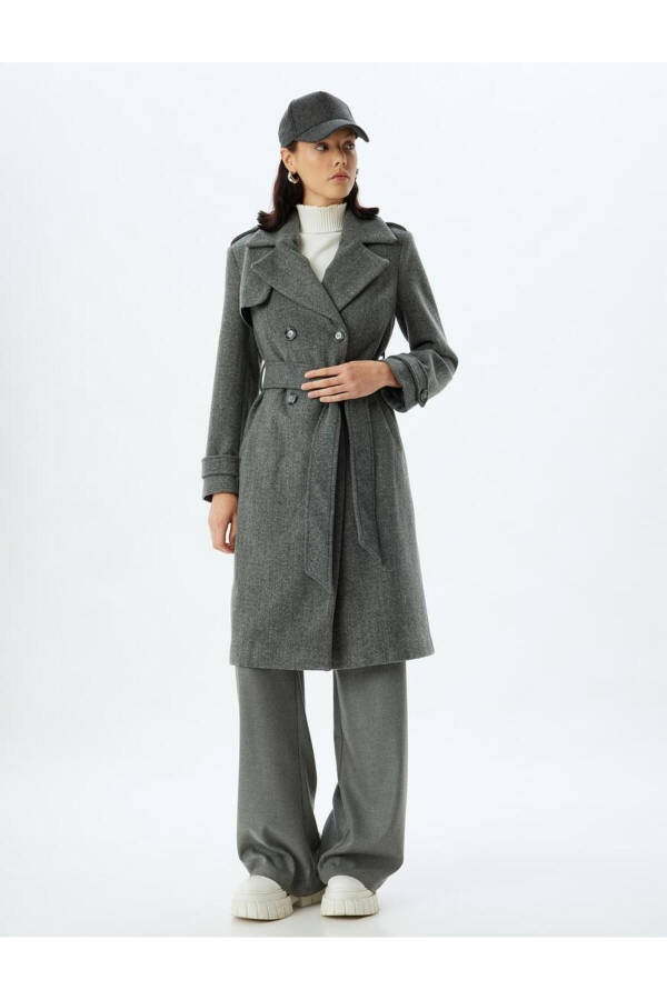 Long, double-breasted, pocket, belt detailed, relaxed fit cashmere coat. - 48