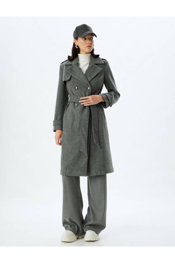 Long, double-breasted, pocket, belt detailed, relaxed fit cashmere coat. - 36