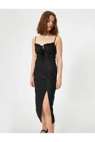 Long Dress Linen Blend Strappy Slit Tie Front-Black - 1