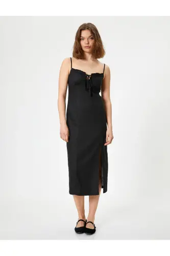 Long Dress Linen Blend Strappy Slit Tie Front-Black - 3
