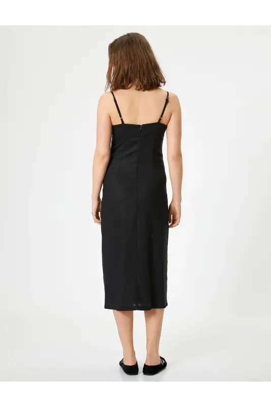 Long Dress Linen Blend Strappy Slit Tie Front-Black - 4