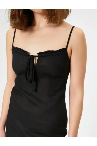 Long Dress Linen Blend Strappy Slit Tie Front-Black - 5