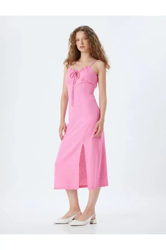 Long Dress Linen Blend Strappy Slit Tie Front-Rose - 1
