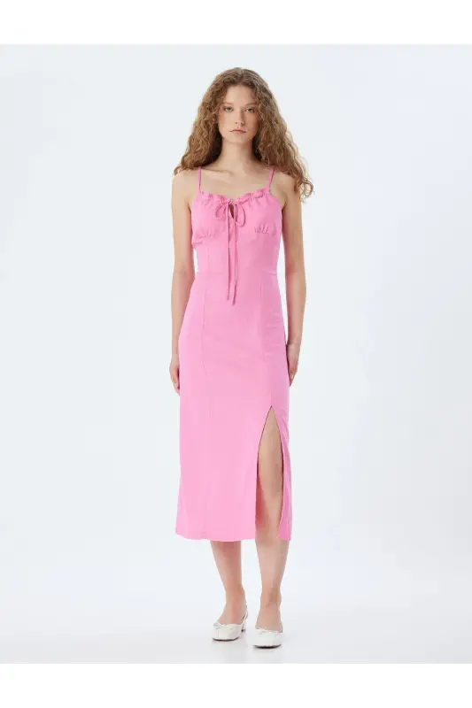 Long Dress Linen Blend Strappy Slit Tie Front-Rose - 3