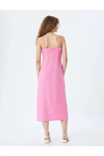 Long Dress Linen Blend Strappy Slit Tie Front-Rose - 4