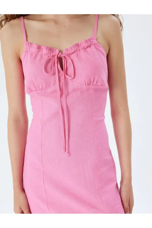Long Dress Linen Blend Strappy Slit Tie Front-Rose - 5