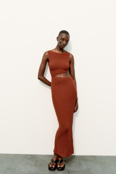 Long Dress with Decollete Detail Terracotta - 9