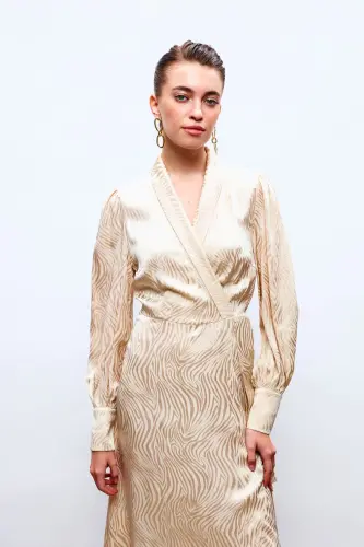 Long Dress with Lapel Design - BEIGE - 6