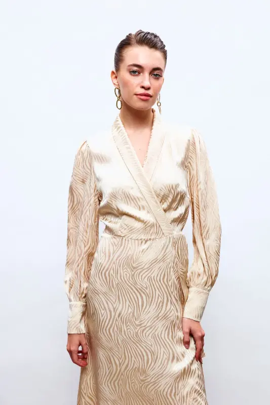 Long Dress with Lapel Design - BEIGE - 6