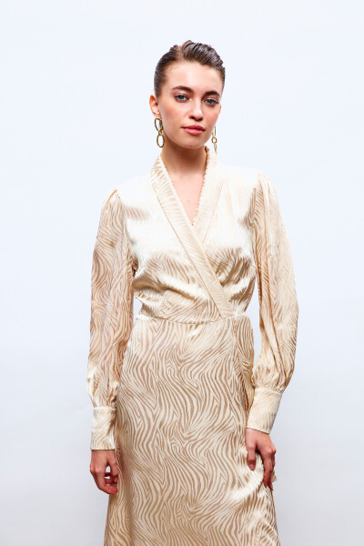 Long Dress with Lapel Design - BEIGE - 14