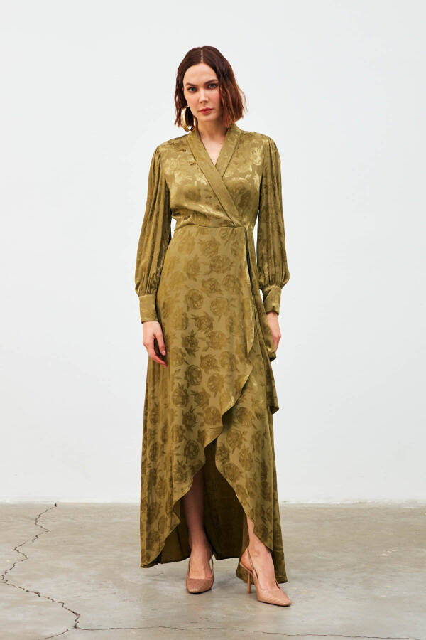 Long Dress with Lapel Design - Khaki - 1