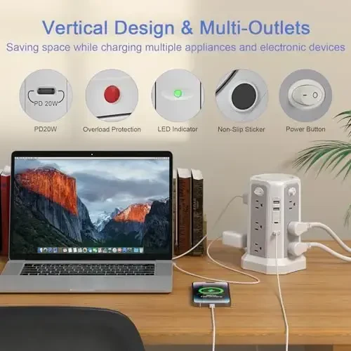 Long Extension Cord 10FT 1625W|13A with Multiple Outlets, Surge Protector Power Strip Tower with 4 USB(2 USB C) Ports, Flat Plug 1800J Overload Protection for Home Office DormRoom Essentials - 4