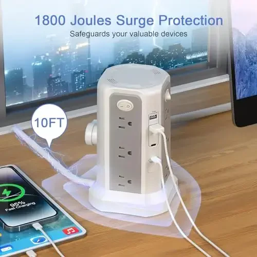 Long Extension Cord 10FT 1625W|13A with Multiple Outlets, Surge Protector Power Strip Tower with 4 USB(2 USB C) Ports, Flat Plug 1800J Overload Protection for Home Office DormRoom Essentials - 5