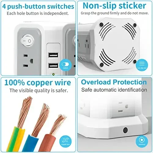 Long Extension Cord 10FT 1625W|13A with Multiple Outlets, Surge Protector Power Strip Tower with 4 USB(2 USB C) Ports, Flat Plug 1800J Overload Protection for Home Office DormRoom Essentials - 6