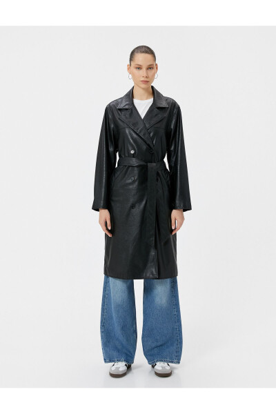 Long Faux Leather Trench Coat with Crossover Flap Pockets and Button Closure - 3