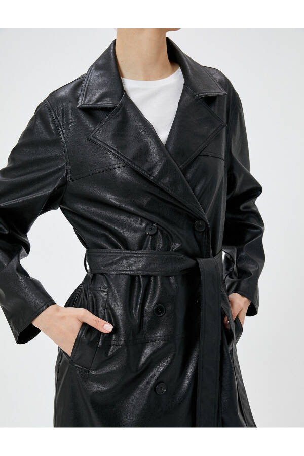 Long Faux Leather Trench Coat with Crossover Flap Pockets and Button Closure - 5