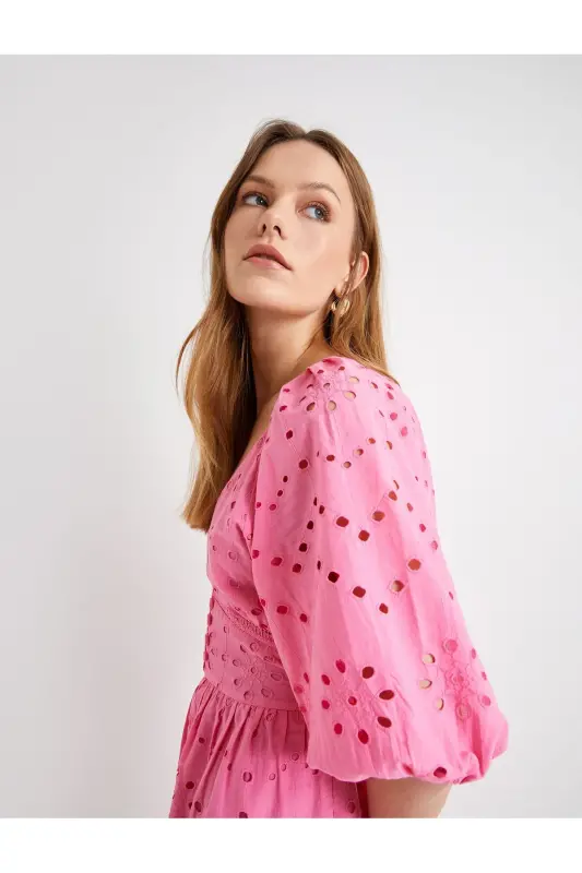 Long Fisto Dress Balloon Sleeve Low-Cut Neck Buttoned - 2