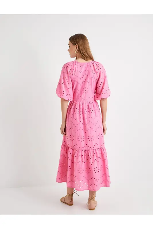 Long Fisto Dress Balloon Sleeve Low-Cut Neck Buttoned - 4