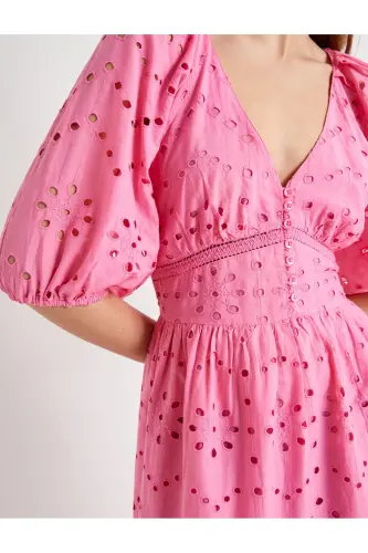 Long Fisto Dress Balloon Sleeve Low-Cut Neck Buttoned - 5