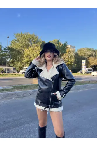 Long Fur Leather Jacket - Black - 3