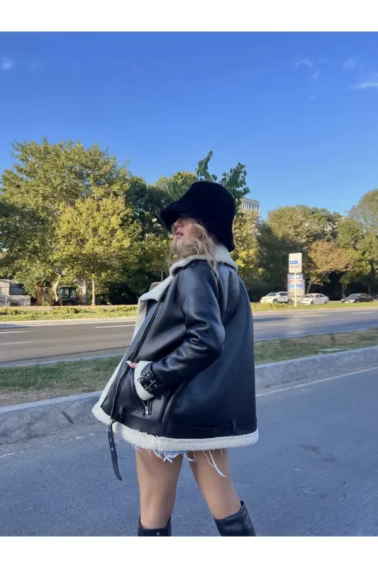 Long Fur Leather Jacket - Black - 4