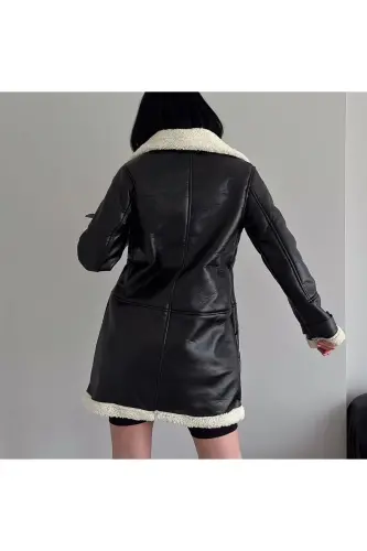 Long Furred Leather Jacket - Black-Cream - 7