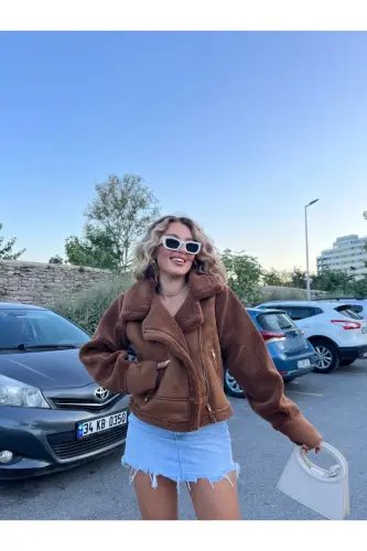 Long Furred Leather Jacket - Brown 