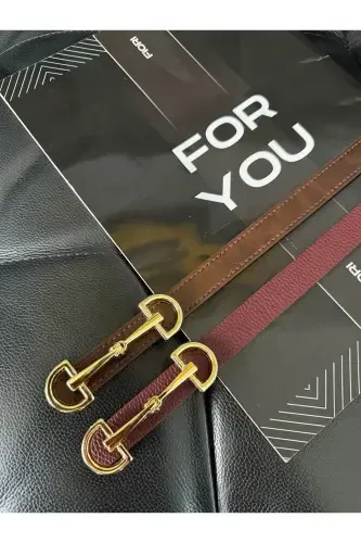 Long Gold Buckle Thin Women's Belt, Jacket Belt, Shirt Belt, Dress Belt-Burgundy - 3