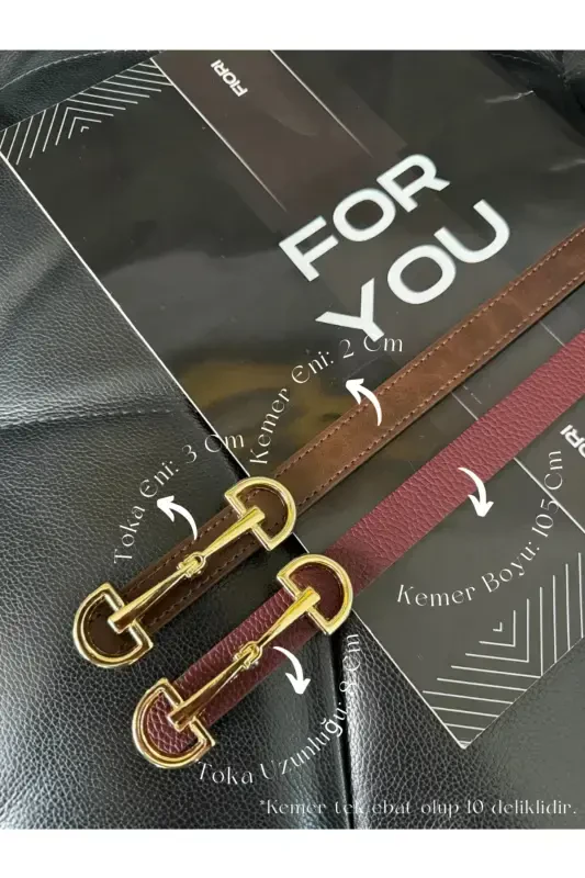 Long Gold Buckle Thin Women's Belt, Jacket Belt, Shirt Belt, Dress Belt-Burgundy - 4