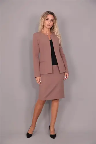 Long Jacket with Oval Collar & Pencil Skirt Suit - Coffee - ÖNDER ÖZSOY (1)