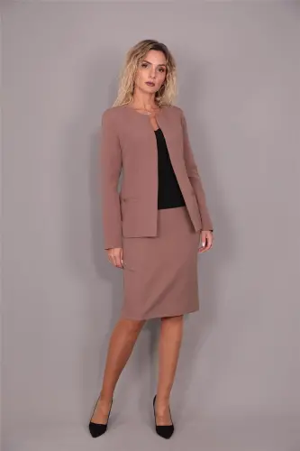 Long Jacket with Oval Collar & Pencil Skirt Suit - Coffee - 6