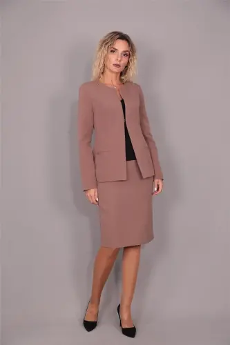 Long Jacket with Oval Collar & Pencil Skirt Suit - Coffee - 7