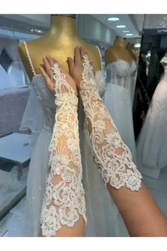 Long Lace Off-White Wedding Gloves Special Design Bridal Gloves - 1