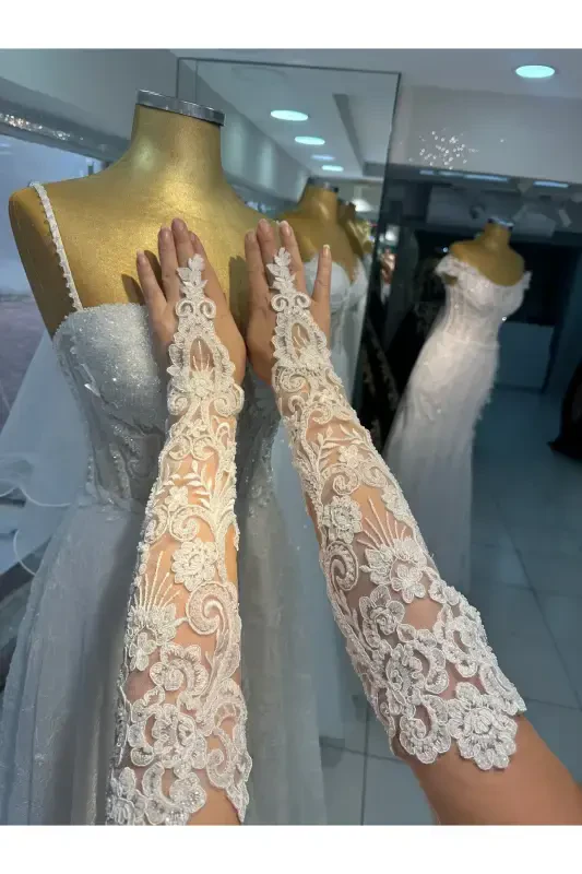 Long Lace Off-White Wedding Gloves Special Design Bridal Gloves - 3
