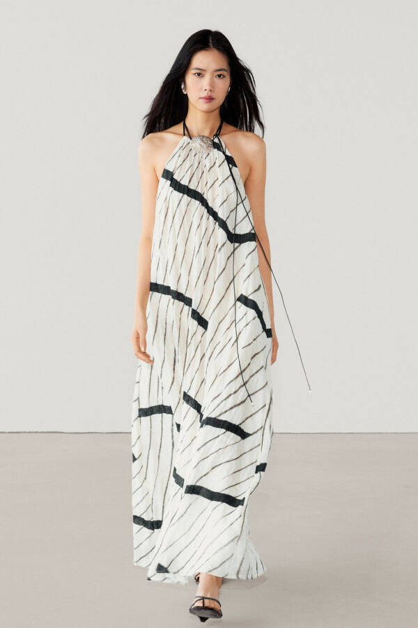 Long Linen Halter Neck Striped Dress - 9