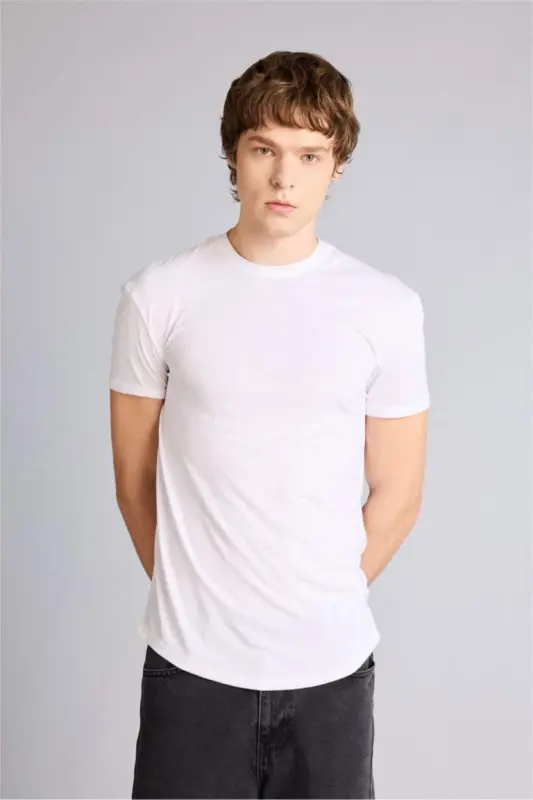 Long Muscle Fit Bisiklet Yaka Basic Düz Kısa Kollu Tişört-Beyaz - 3