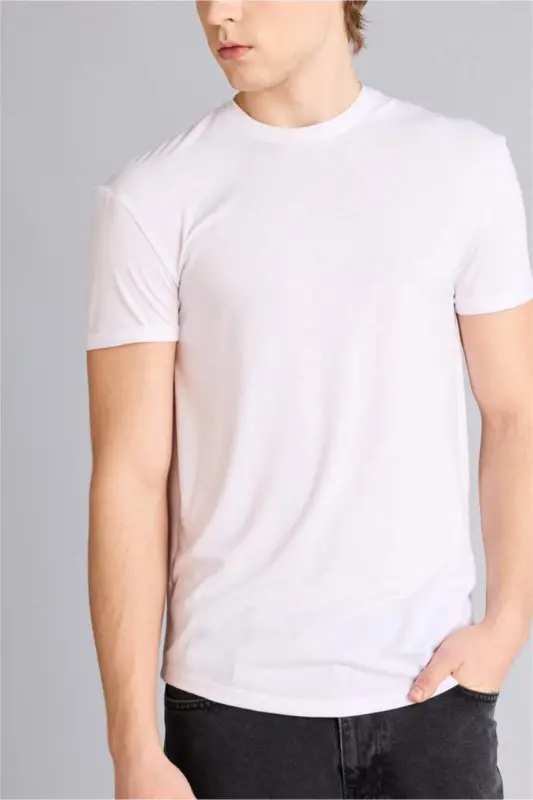 Long Muscle Fit Bisiklet Yaka Basic Düz Kısa Kollu Tişört-Beyaz - 5