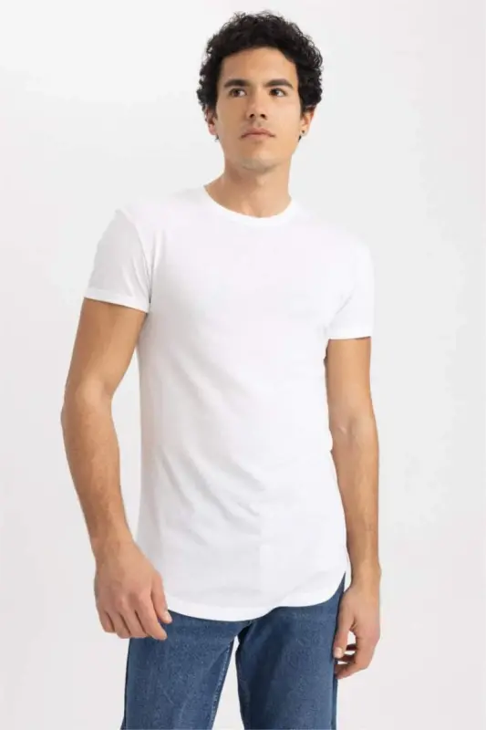 Long Muscle Fit Bisiklet Yaka Basic Kısa Kollu Tişört Beyaz - 4