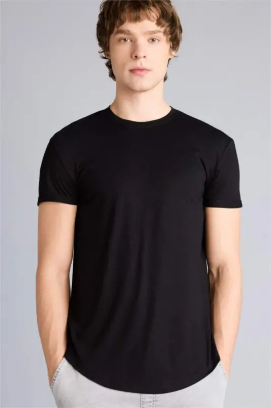 Long Muscle Fit Bisiklet Yaka Basic Düz Kısa Kollu Tişört-Siyah - 1