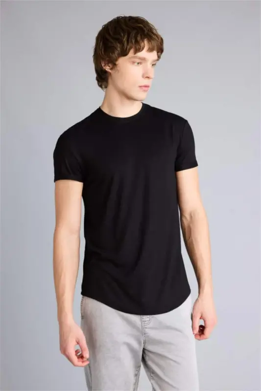 Long Muscle Fit Bisiklet Yaka Basic Düz Kısa Kollu Tişört-Siyah - 3