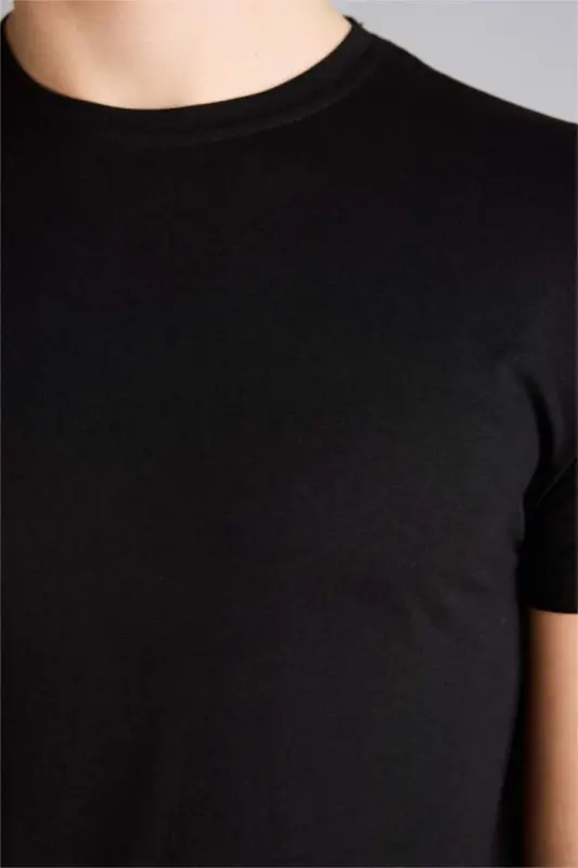 Long Muscle Fit Bisiklet Yaka Basic Düz Kısa Kollu Tişört-Siyah - 4